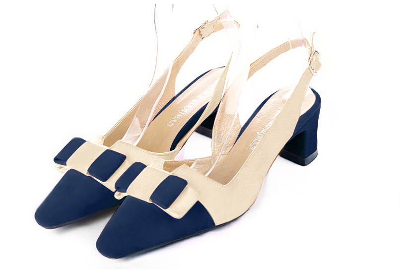 Navy blue and champagne beige women's open back shoes, with a knot.. Front view - Florence KOOIJMAN